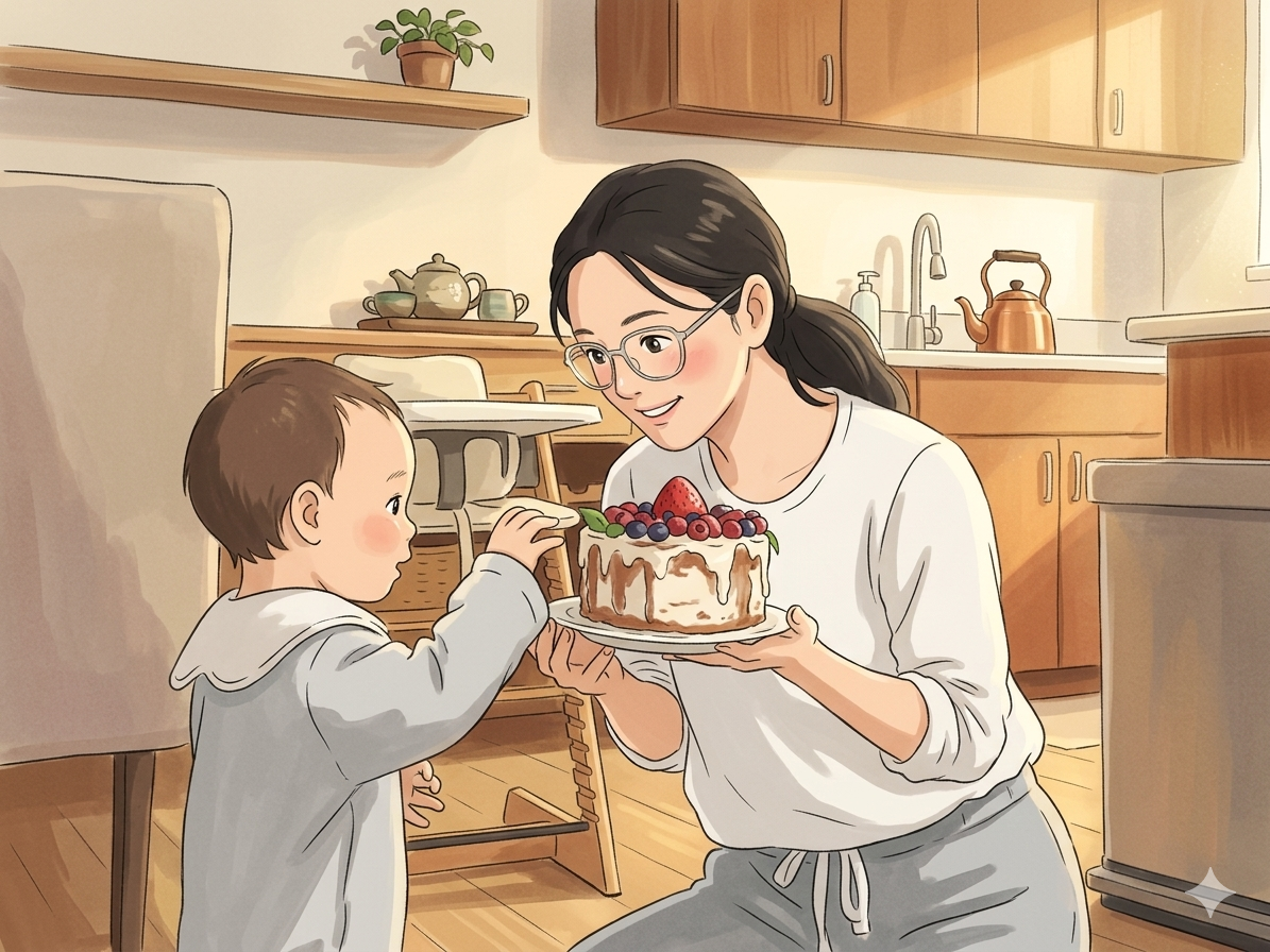 A mama handing a fresh berry birthday cake to her little one in the kitchen