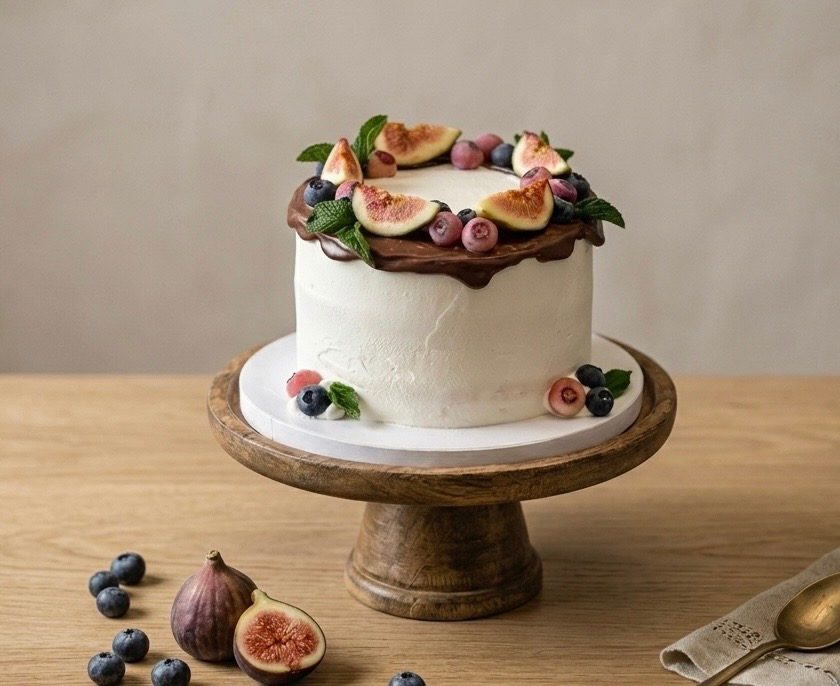 Fig and berry cake styled on a wooden cake stand with fresh figs and blueberries