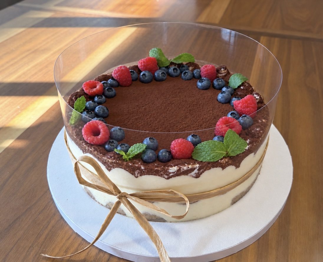 Whole tiramisu cake dusted with cocoa and ringed with raspberries, blueberries and mint
